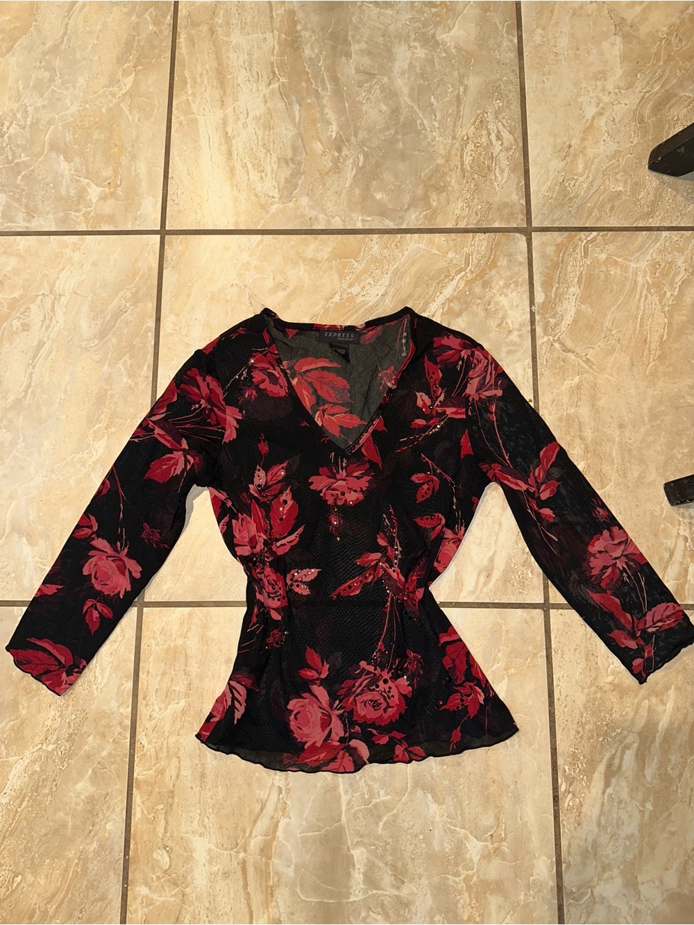 Red & Black Floral Vintage Express Mesh Top Size S